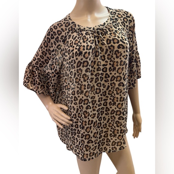 Ava & Viv Sheer Leopard Print Sheer Top Women’s Size 1X Ruffled Bell Sleeve - Picture 1 of 8